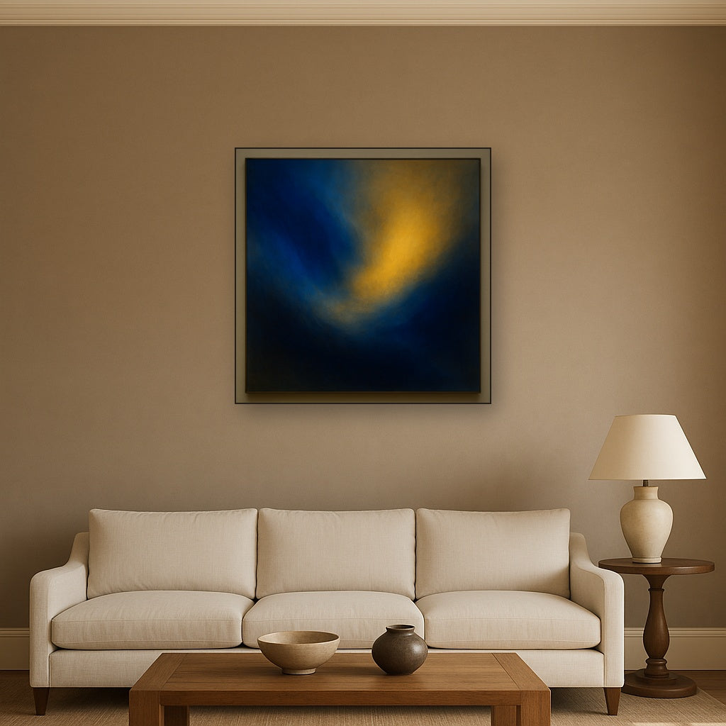 Lapis Lazuli & Golden Ochre Luminous Field No. 19 Oil Painting Staged Above Sectional Sofa in Living Room, Hand Painted Canvas Wall Art for Home Decor