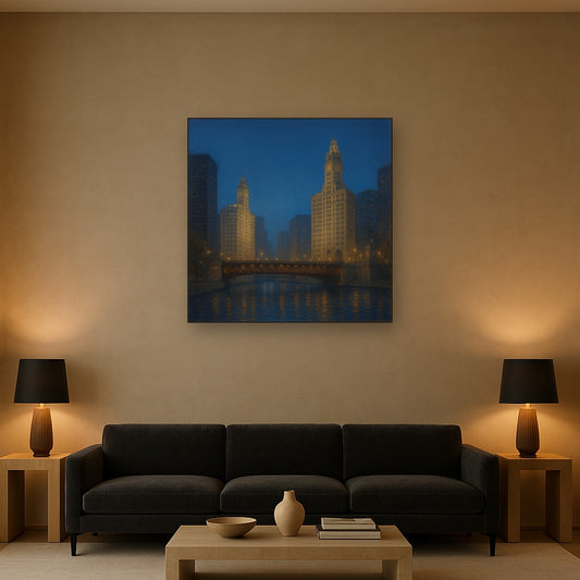 Chicago Riverfront Architecture at Blue Hour No. 16 Oil Painting Staged Above Sectional Sofa in Living Room, Hand Painted Canvas Wall Art for Home Decor