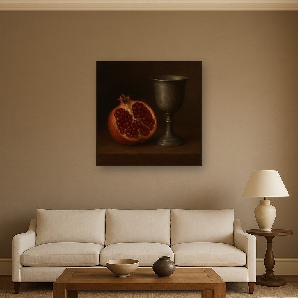 Pomegranate & Vintage Pewter Goblet Oil Painting - View 2