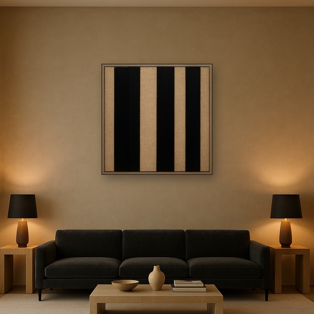 Minimalist Black Stripe & Raw Linen Rhythm No. 2 Fine Art Oil Painting - View 2