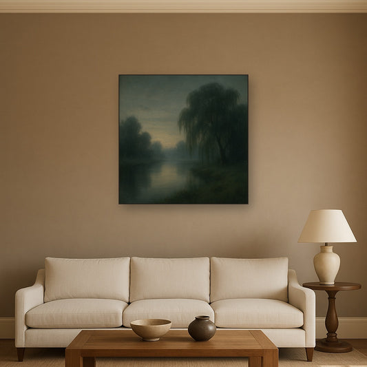 Tranquil Riverbank at Twilight Mist No. 8 Oil Painting Staged Above Sectional Sofa in Living Room, Hand Painted Canvas Wall Art for Home Decor