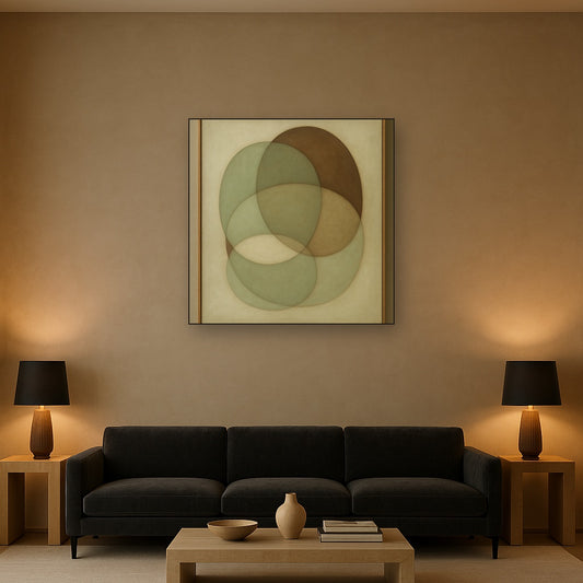 Floating Ellipse Harmony in Walnut & Pale Sage Oil Painting Staged Above Sectional Sofa in Living Room, Hand Painted Canvas Wall Art for Home Decor