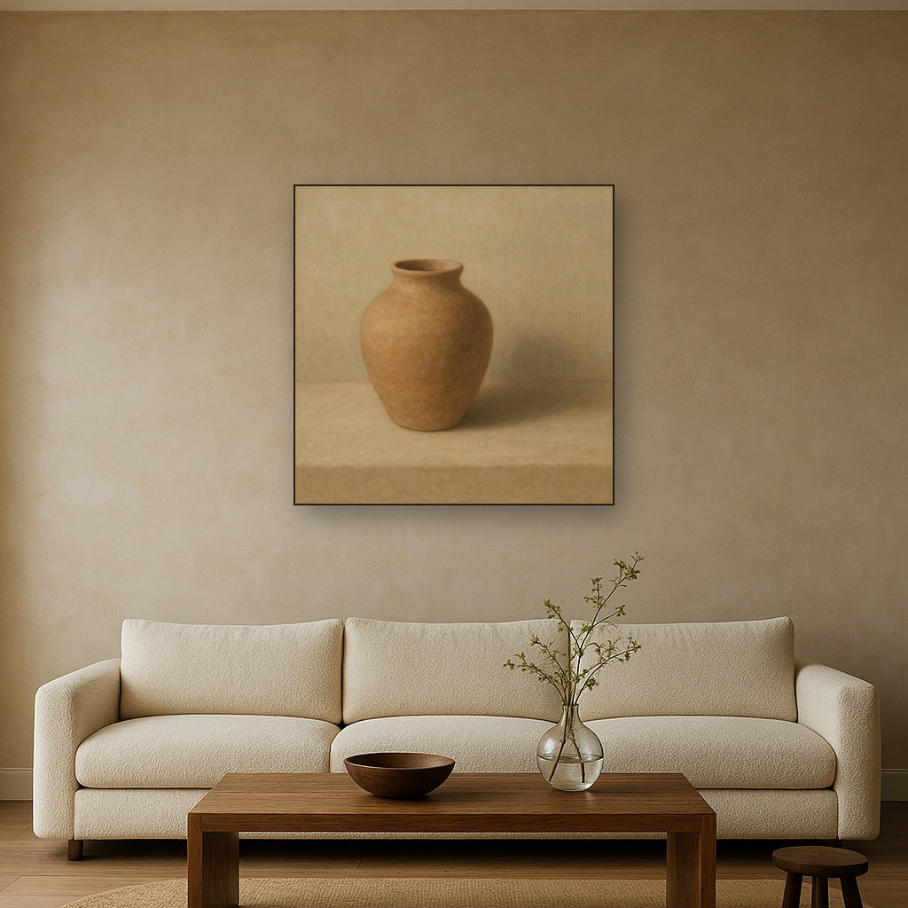 Organic Clay Vessel & Solitary Shadow Oil Painting Staged Above Sectional Sofa in Living Room, Hand Painted Canvas Wall Art for Home Decor