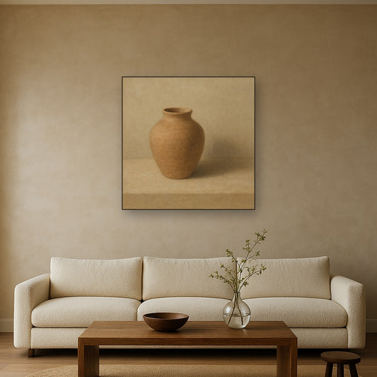 Organic Clay Vessel & Solitary Shadow Oil Painting Staged Above Sectional Sofa in Living Room, Hand Painted Canvas Wall Art for Home Decor