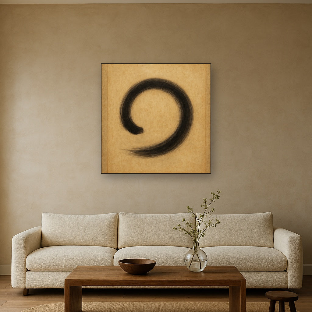 Aged Rice Paper & Charcoal Calligraphic Balance No. 3 Oil Painting Staged Above Sectional Sofa in Living Room, Hand Painted Canvas Wall Art for Home Decor