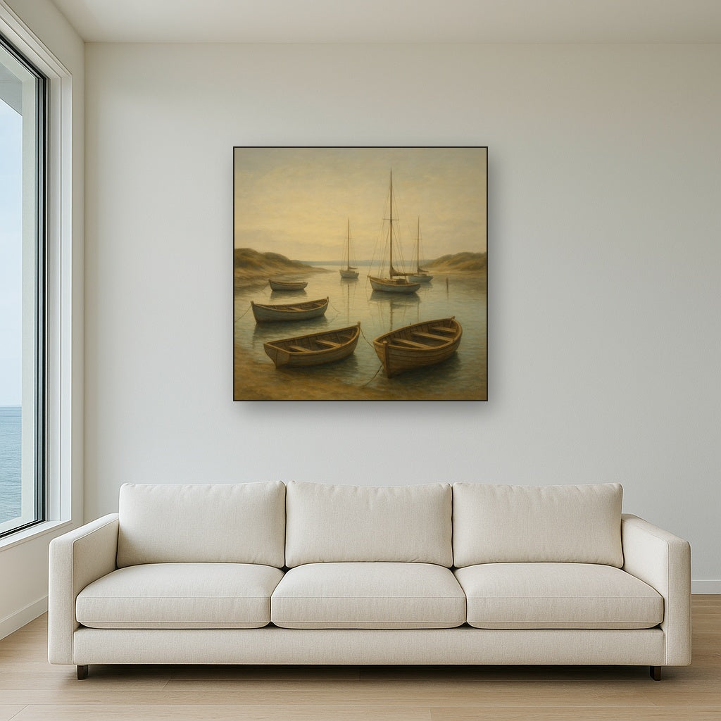 Quiet Fishing Harbor at Morning Low Tide No. 12 Oil Painting Staged Above Sectional Sofa in Living Room, Hand Painted Canvas Wall Art for Home Decor
