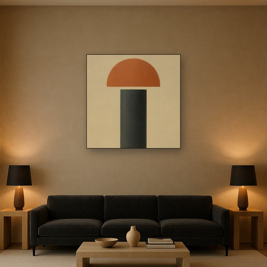 Semicircle Horizon & Minimalist Pillar No. 2 Oil Painting Staged Above Sectional Sofa in Living Room, Hand Painted Canvas Wall Art for Home Decor