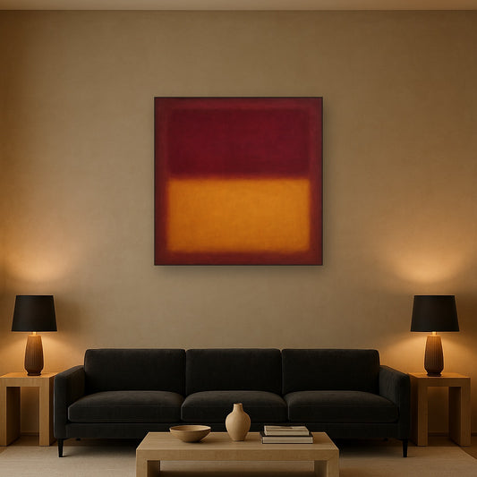 Crimson Burgundy & Saffron Gold Color Vibrations No. 23 Oil Painting Staged Above Sectional Sofa in Living Room, Hand Painted Canvas Wall Art for Home Decor