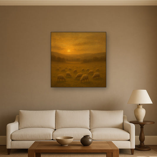Sunset Grazing Flock in Golden Valley No. 5 Oil Painting Staged Above Sectional Sofa in Living Room, Hand Painted Canvas Wall Art for Home Decor
