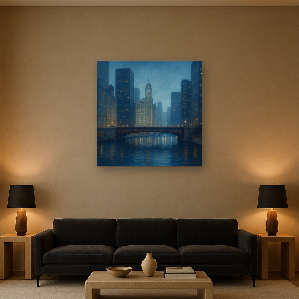 Chicago Riverfront Architecture at Blue Hour No. 4 Oil Painting - View 2