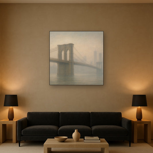 Brooklyn Bridge in Morning River Mist No. 30 Oil Painting Staged Above Sectional Sofa in Living Room, Hand Painted Canvas Wall Art for Home Decor