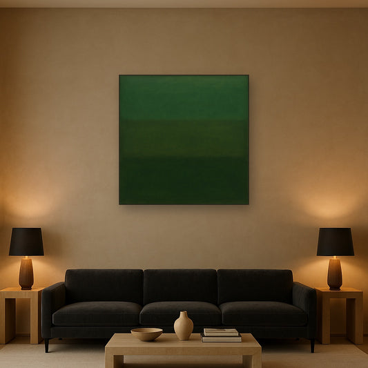 Forest Emerald & Deep Moss Contemplative Field No. 8 Oil Painting Staged Above Sectional Sofa in Living Room, Hand Painted Canvas Wall Art for Home Decor