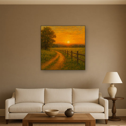 Golden Hour Country Lane & Fence No. 4 Oil Painting - Styled in Modern Living Room