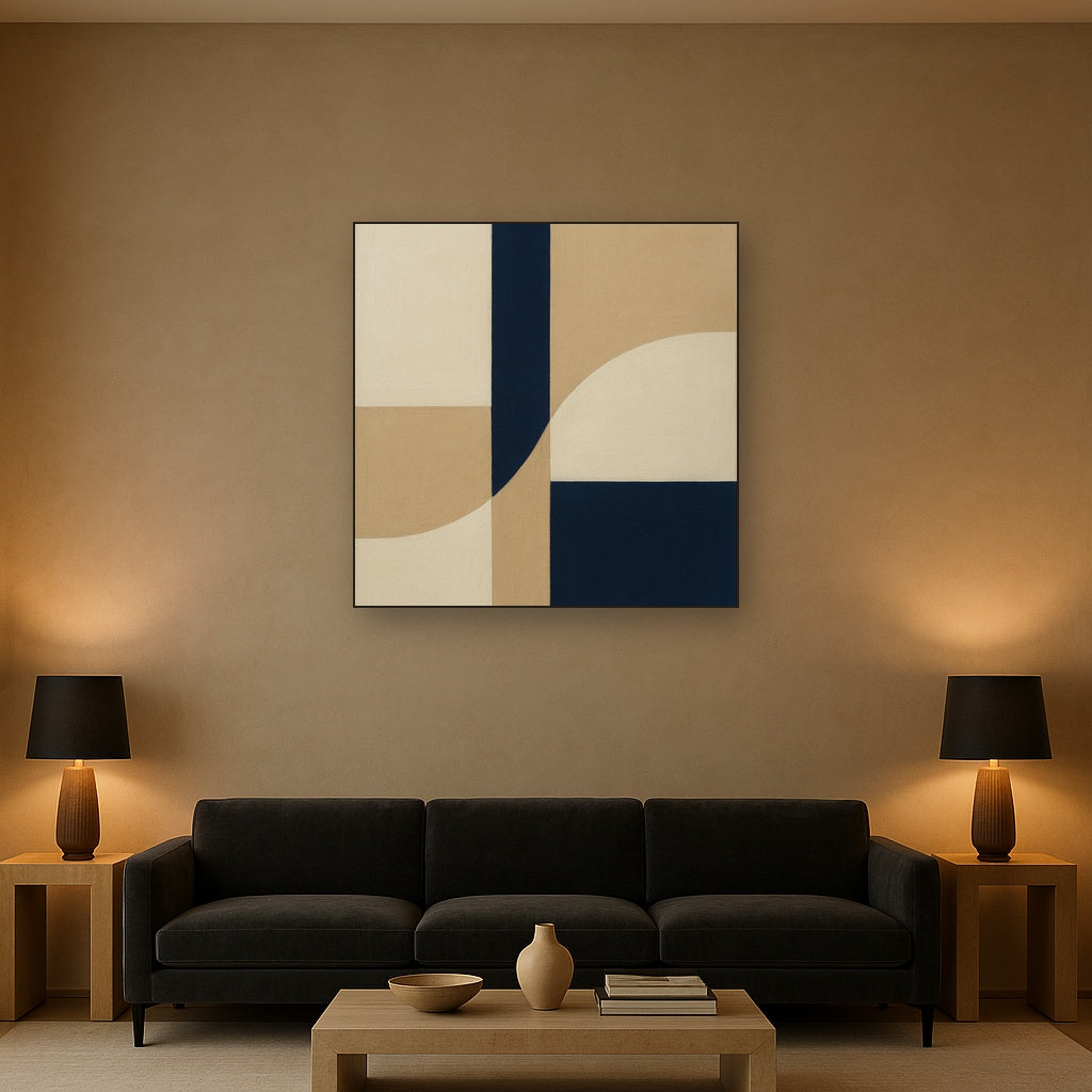 Navy & Warm Beige Geometric Line Balance No. 5 Fine Art Oil Painting - View 2