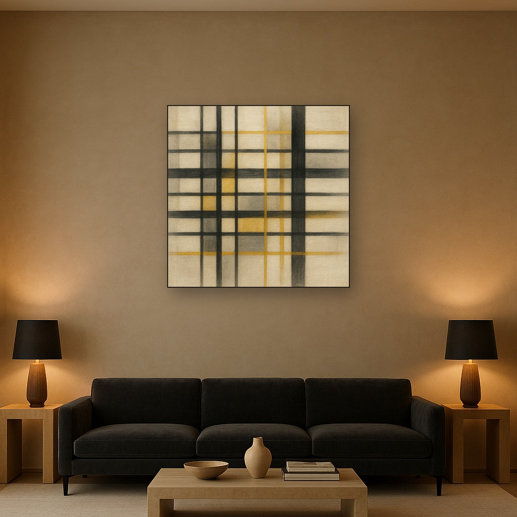 Abstract Woven Line Matrix in Charcoal & Gold No. 2 Fine Art Oil Painting - View 2