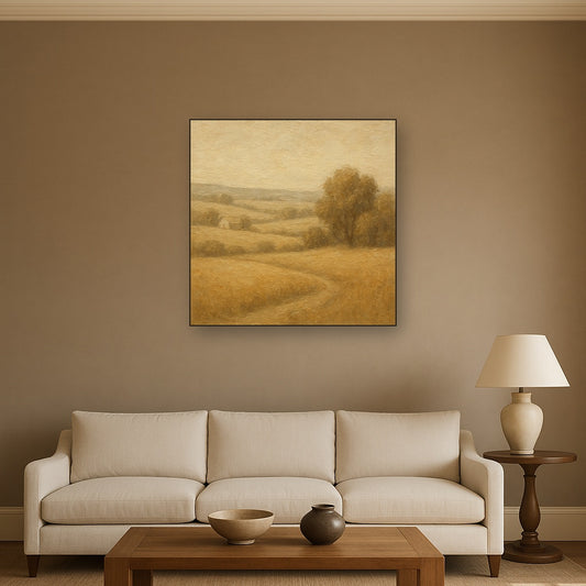Earthy Linen Plaster Countryside Calm No. 2 Oil Painting - Styled in Modern Living Room