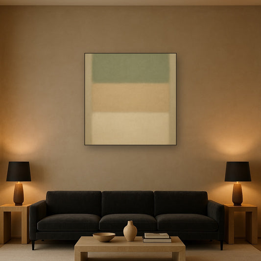 Sage Olive & Pale Sandstone Minimalist Harmony No. 21 Oil Painting Staged Above Sectional Sofa in Living Room, Hand Painted Canvas Wall Art for Home Decor