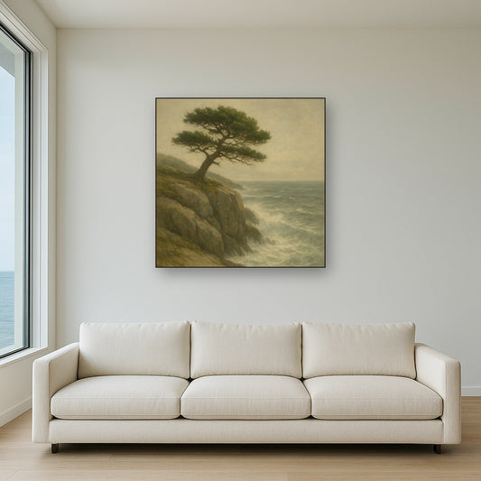 Wild Coastal Pine on Stormy Granite Cliff No. 3 Oil Painting Staged Above Sectional Sofa in Living Room, Hand Painted Canvas Wall Art for Home Decor