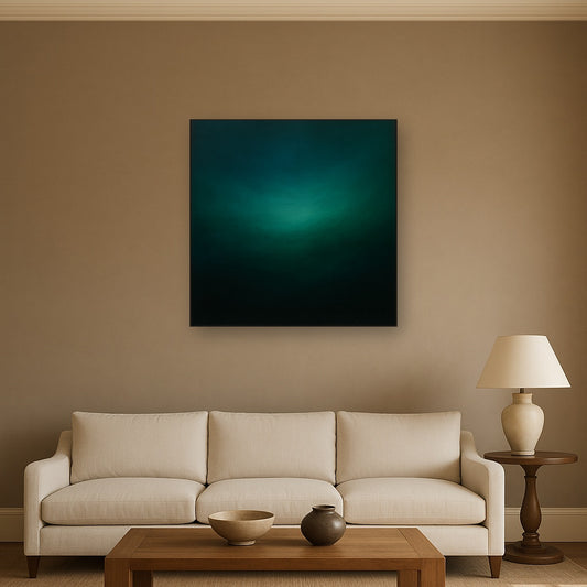 Midnight Teal & Deep Malachite Gradient No. 9 Oil Painting Staged Above Sectional Sofa in Living Room, Hand Painted Canvas Wall Art for Home Decor