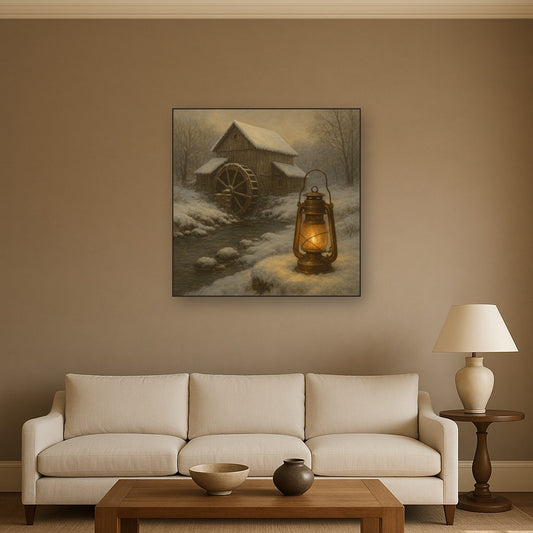 Snowy Mill Stream & Glowing Lantern No. 7 Oil Painting - View 2