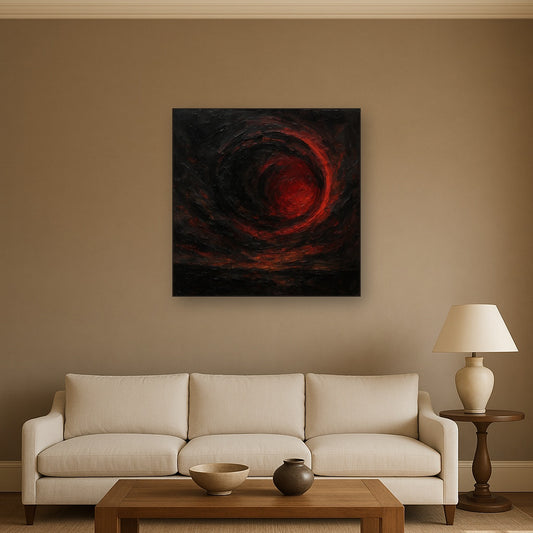 Midnight Onyx & Crimson Eclipse No. 5 Oil Painting - Styled in Modern Living Room