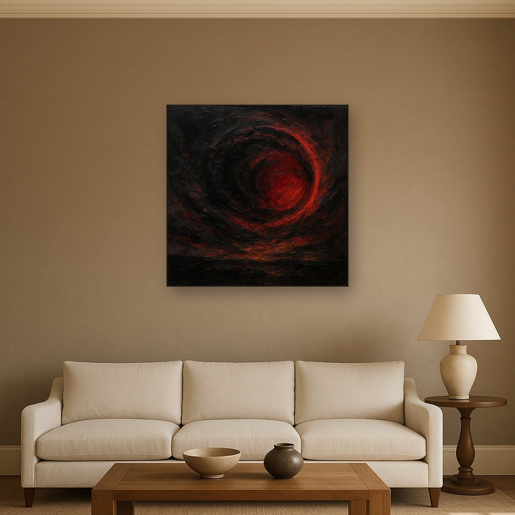 Midnight Onyx & Crimson Eclipse No. 5 Oil Painting - Styled in Modern Living Room