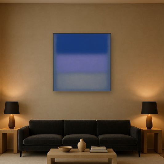 Cobalt Azure & Twilight Lavender Immersion No. 25 Oil Painting Staged Above Sectional Sofa in Living Room, Hand Painted Canvas Wall Art for Home Decor