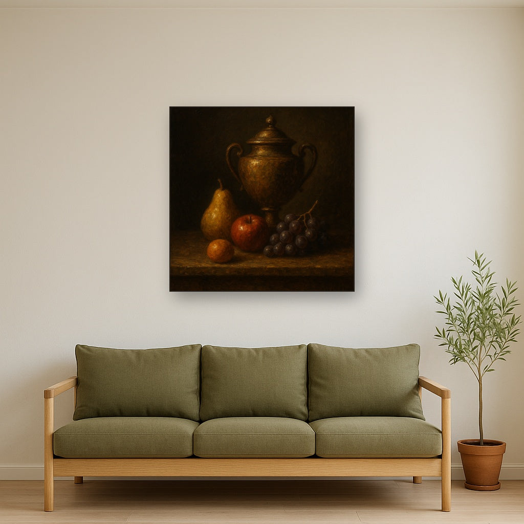 Classical Chiaroscuro Fruit & Urn Still Life No. 5 Oil Painting - Styled in Modern Living Room