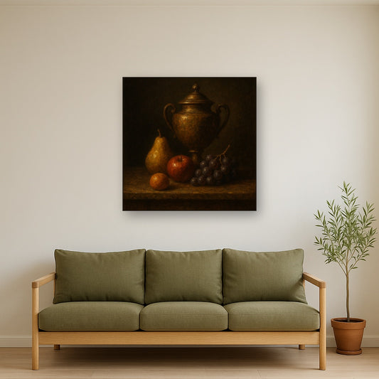 Classical Chiaroscuro Fruit & Urn Still Life No. 5 Oil Painting - Styled in Modern Living Room