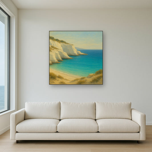 Mediterranean White Cliffs & Turquoise Cove No. 11 Oil Painting Staged Above Sectional Sofa in Living Room, Hand Painted Canvas Wall Art for Home Decor