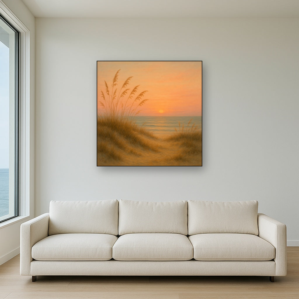 Sea Oats on Rolling Coastal Dunes at Sunset No. 13 Oil Painting Staged Above Sectional Sofa in Living Room, Hand Painted Canvas Wall Art for Home Decor