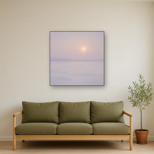 Winter Dawn Frost & Pale Silver Light No. 10 Oil Painting Staged Above Sectional Sofa in Living Room, Hand Painted Canvas Wall Art for Home Decor