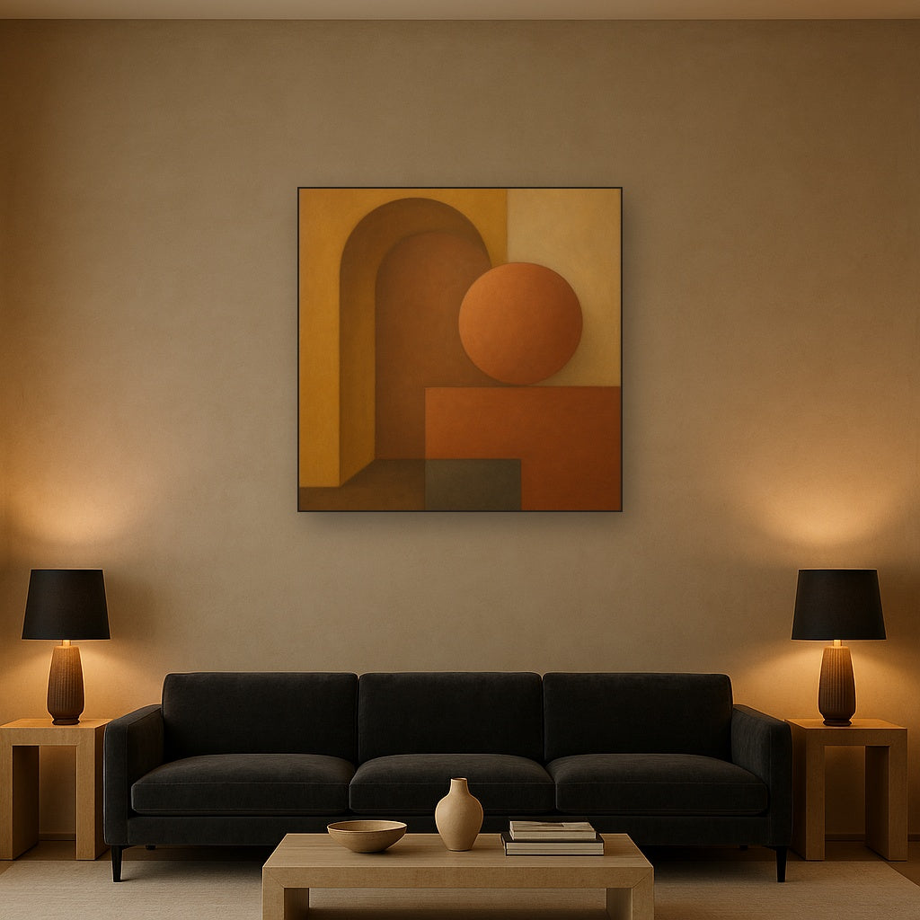 Arch & Circle Equilibrium in Warm Earth Tones No. 21 Oil Painting Staged Above Sectional Sofa in Living Room, Hand Painted Canvas Wall Art for Home Decor