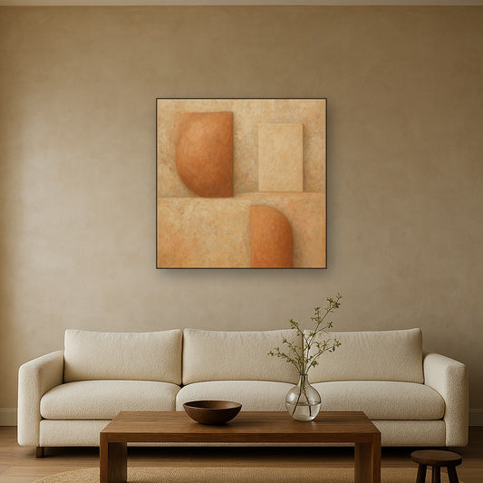 Earthy Terracotta & Weathered Plaster Wash No. 20 Oil Painting Staged Above Sectional Sofa in Living Room, Hand Painted Canvas Wall Art for Home Decor