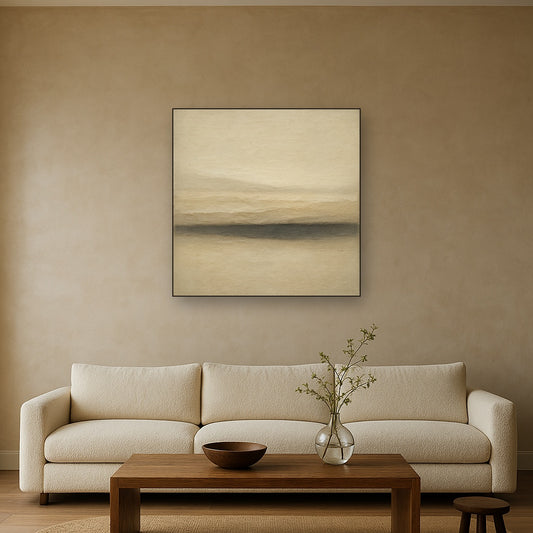 Raw Limestone Horizon & Washed Linen No. 23 Oil Painting Staged Above Sectional Sofa in Living Room, Hand Painted Canvas Wall Art for Home Decor