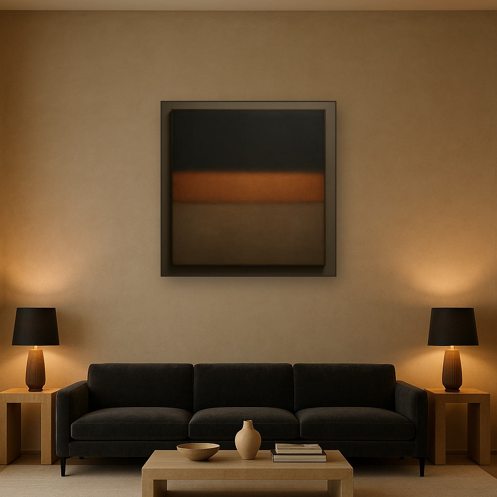 Charcoal Slate & Burnished Copper Horizon No. 22 Oil Painting Staged Above Sectional Sofa in Living Room, Hand Painted Canvas Wall Art for Home Decor