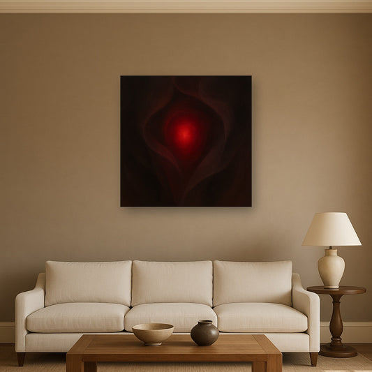 Smoky Ruby & Warm Obsidian Veils No. 10 Oil Painting Staged Above Sectional Sofa in Living Room, Hand Painted Canvas Wall Art for Home Decor