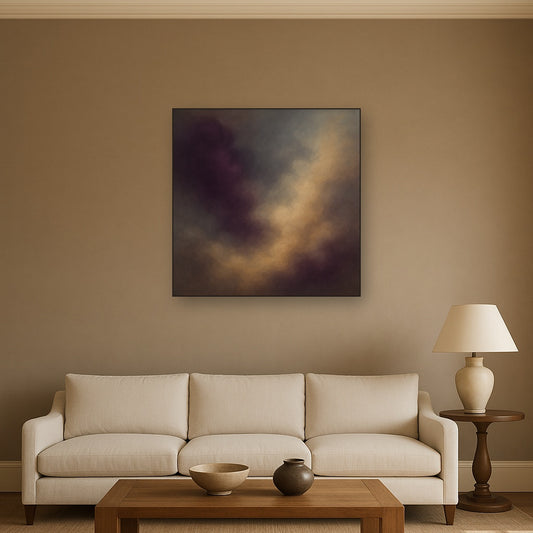 Gilded Plum & Soft Smoke Cloud Harmony No. 13 Oil Painting Staged Above Sectional Sofa in Living Room, Hand Painted Canvas Wall Art for Home Decor