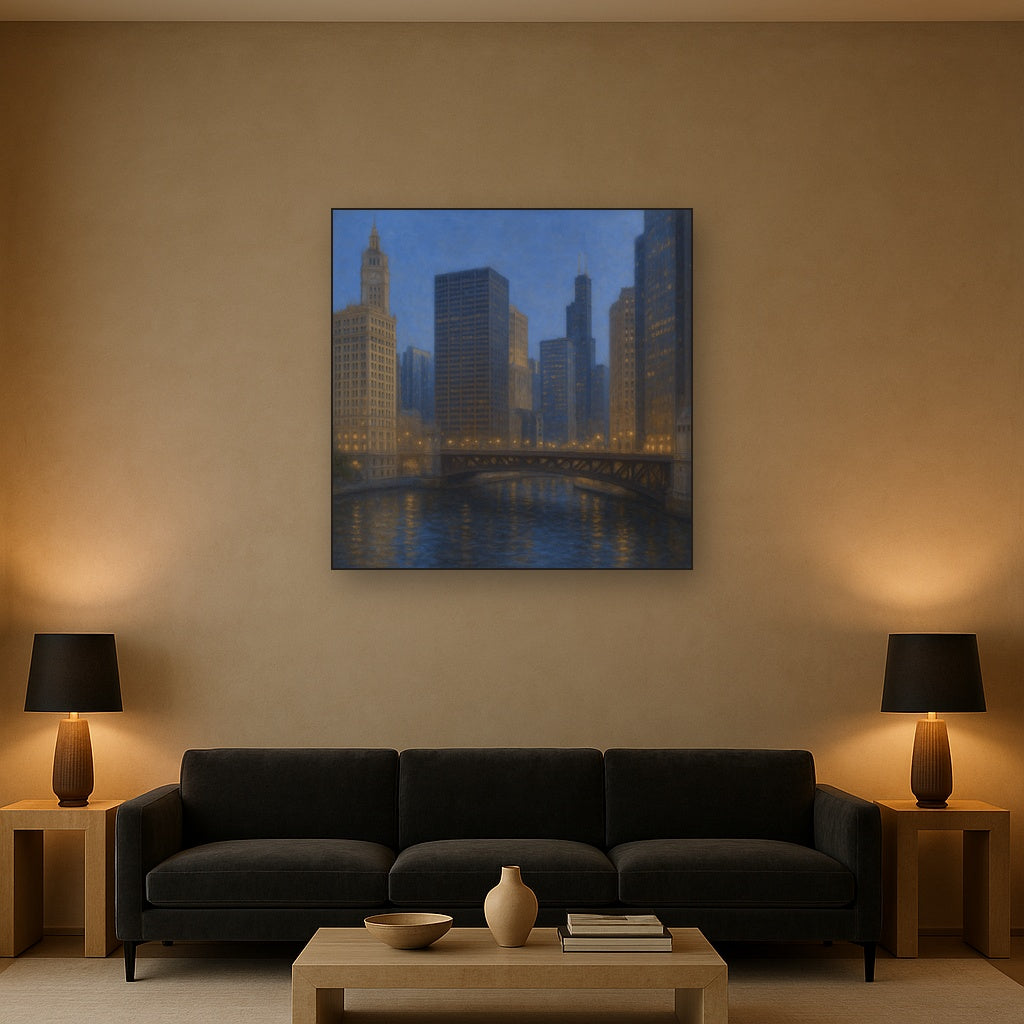 Chicago Riverfront Architecture at Blue Hour No. 21 Oil Painting - View 2
