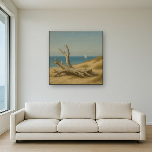 Sun-Bleached Driftwood & Distant Sailboat No. 15 Oil Painting Staged Above Sectional Sofa in Living Room, Hand Painted Canvas Wall Art for Home Decor