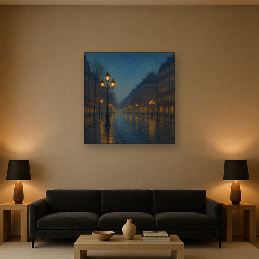 Rainy Parisian Boulevard at Twilight No. 16 Oil Painting Staged Above Sectional Sofa in Living Room, Hand Painted Canvas Wall Art for Home Decor