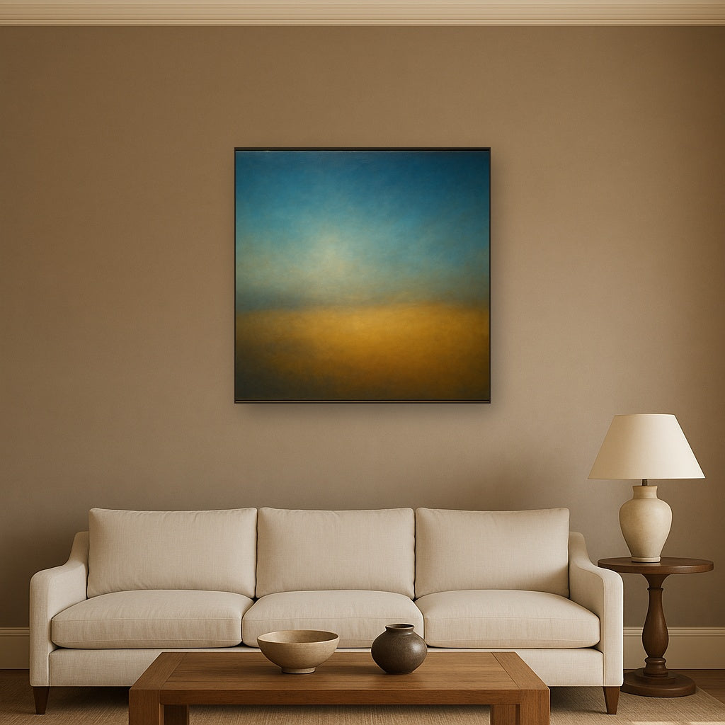 Celestial Azure & Warm Ochre Equilibrium No. 2 Oil Painting Staged Above Sectional Sofa in Living Room, Hand Painted Canvas Wall Art for Home Decor