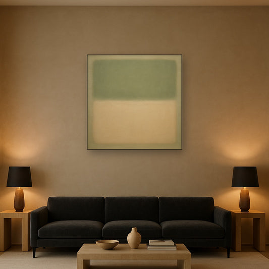 Sage Olive & Pale Sandstone Minimalist Harmony No. 2 Oil Painting Staged Above Sectional Sofa in Living Room, Hand Painted Canvas Wall Art for Home Decor