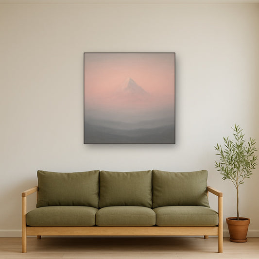 Pale Alpenglow over Distant Glacial Peak No. 9 Oil Painting Staged Above Sectional Sofa in Living Room, Hand Painted Canvas Wall Art for Home Decor