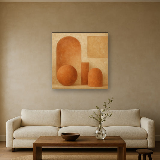 Earthy Terracotta & Weathered Plaster Wash No. 28 Oil Painting Staged Above Sectional Sofa in Living Room, Hand Painted Canvas Wall Art for Home Decor