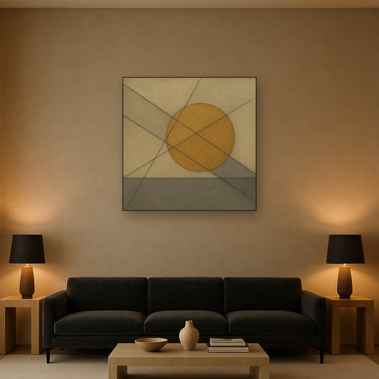 Abstract Tangent Lines & Earthy Ochre Disc No. 24 Oil Painting Staged Above Sectional Sofa in Living Room, Hand Painted Canvas Wall Art for Home Decor