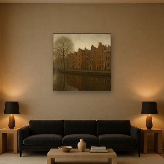 Amsterdam Canal Houses Under Overcast Sky No. 23 Oil Painting Staged Above Sectional Sofa in Living Room, Hand Painted Canvas Wall Art for Home Decor