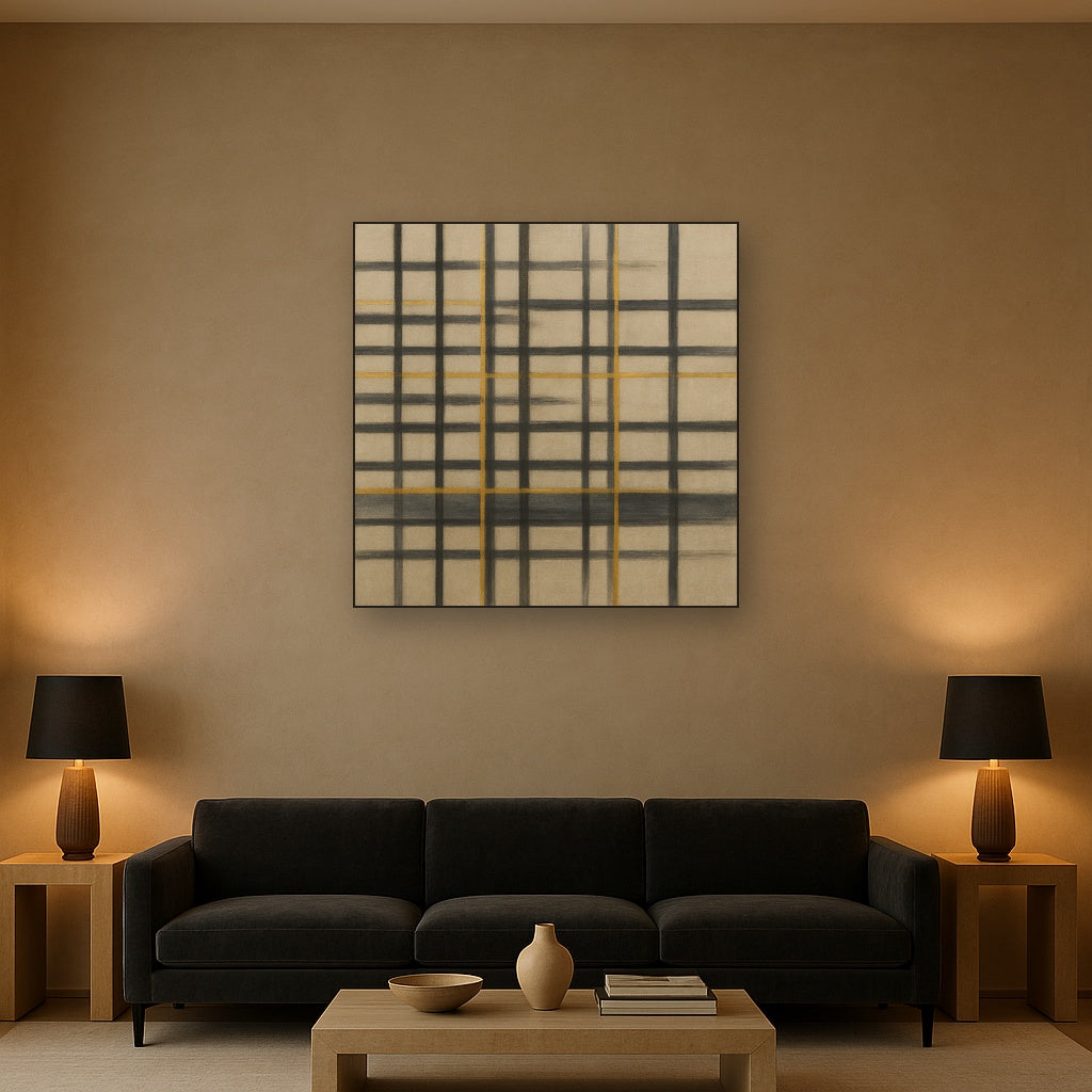 Abstract Woven Line Matrix in Charcoal & Gold No. 3 Fine Art Oil Painting - View 2