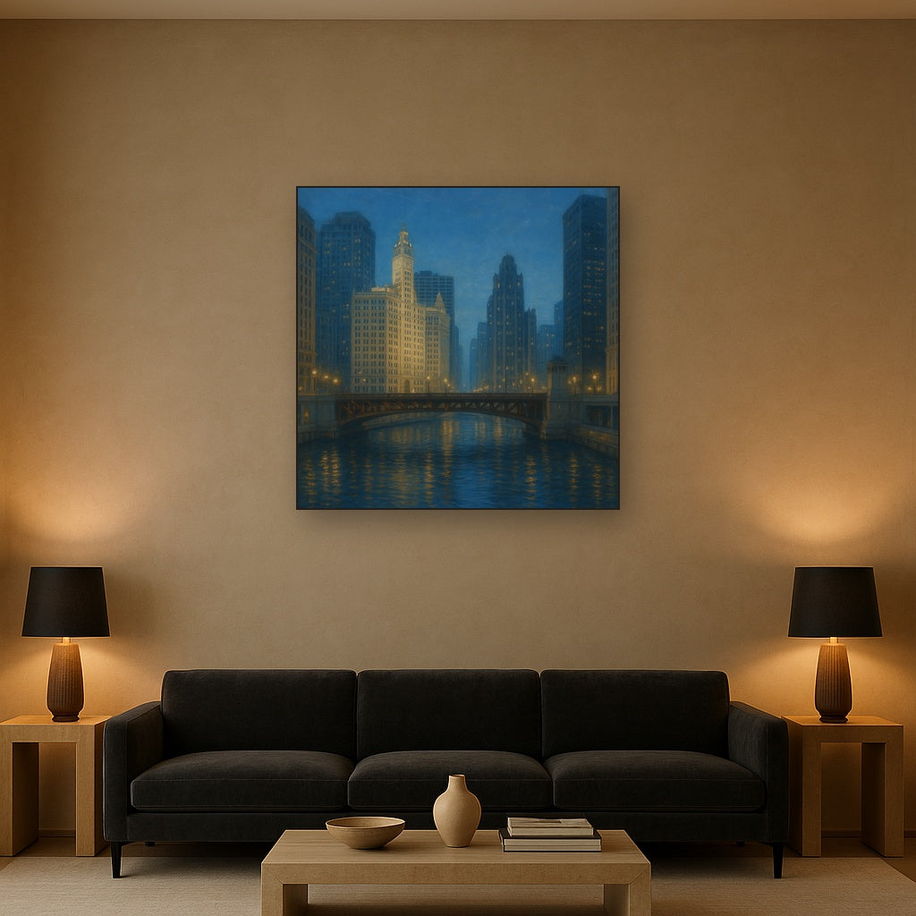 Chicago Riverfront Architecture at Blue Hour No. 13 Oil Painting - View 2