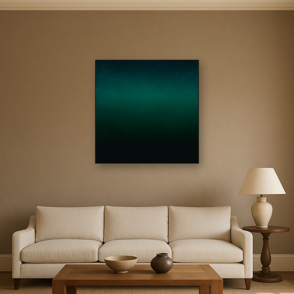 Midnight Teal & Deep Malachite Gradient No. 17 Oil Painting Staged Above Sectional Sofa in Living Room, Hand Painted Canvas Wall Art for Home Decor
